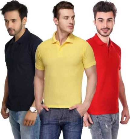 Men's Polo Neck Short Sleeve Casual Tshirt Combo of Dark Blue, Red, Yellow colors (Pack of 3)