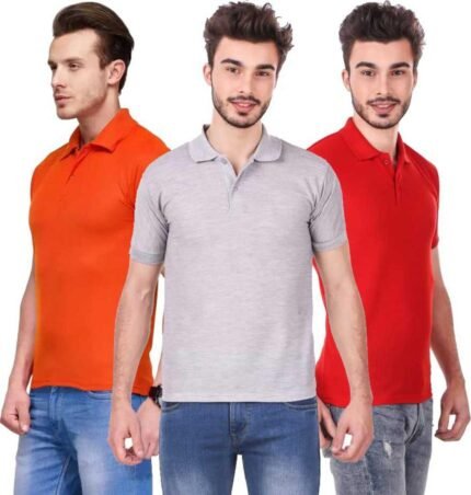 Men's Polo Neck Short Sleeve Casual Tshirt Combo of Red, Orange, Grey colors (Pack of 3)