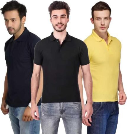 Men's Polo Neck Short Sleeve Casual Tshirt Combo of Dark Blue, Black, Yellow colors (Pack of 3)