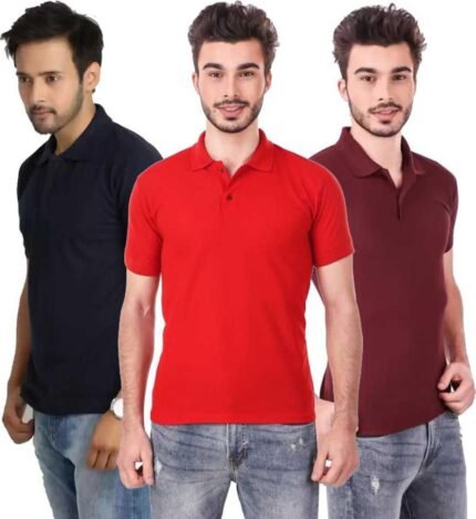Men's Polo Neck Short Sleeve Casual Tshirt Combo of Dark Blue, Red, Maroon colors (Pack of 3)