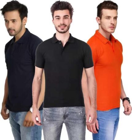 Men's Polo Neck Short Sleeve Casual Tshirt Combo of Dark Blue, Black, Orange colors (Pack of 3)