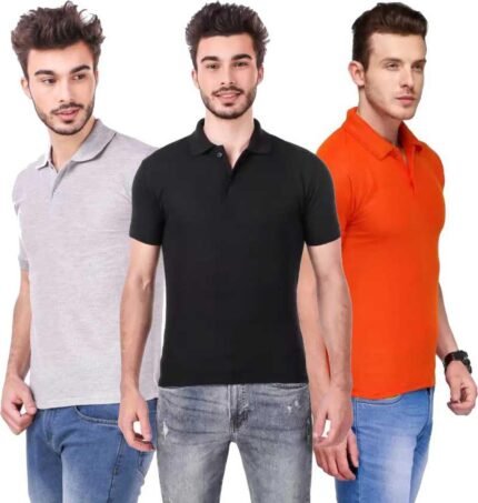 Men's Polo Neck Short Sleeve Casual Tshirt Combo of Black, Orange, Grey colors (Pack of 3)